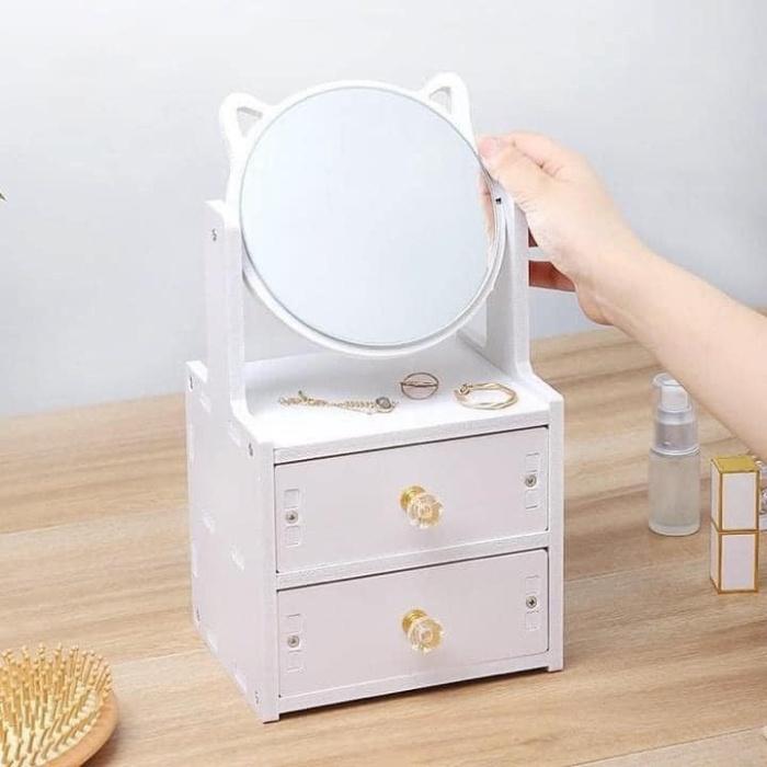 Kệ Mỹ Phẩm Mini Kệ Để Đồ Trang Điểm Có Kèm Gương Tai Mèo Dễ Thương