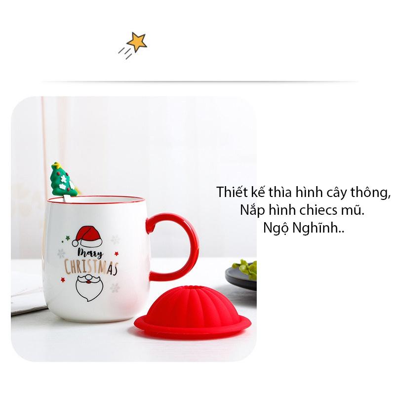 Ly Gốm Sứ Merry Christmas, Xmas Kèm thìa nắp 420ML
