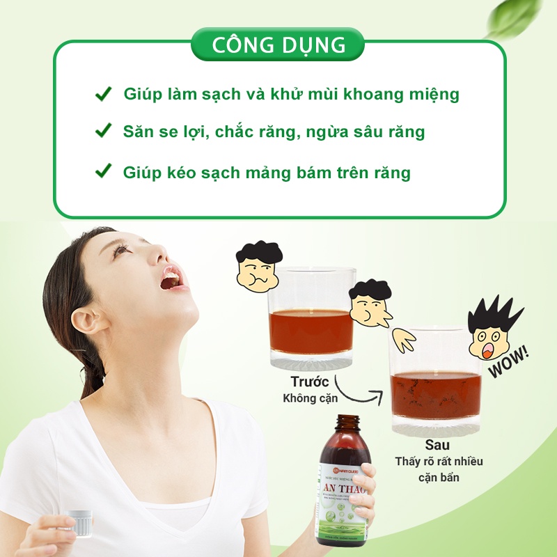 Nước súc miệng dược liệu An Thảo, làm sạch mảng bám và khử mùi khoang miệng, giúp răng chắc khỏe