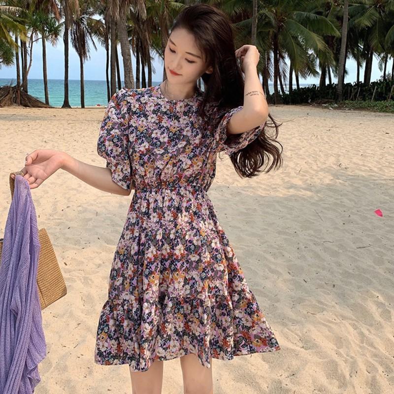 Đầm Tay Ngắn Cổ Tròn Hoạ Tiết Hoa Thiết Kế Thanh Lịch