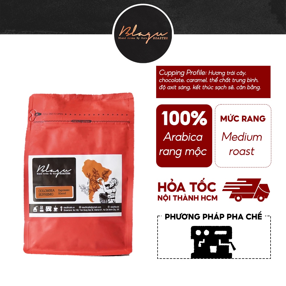 CÀ PHÊ BLAGU HẠT ARABICA ĐÃ RANG, COLOMBIA SUPREMO, MEDIUM ROAST 250G