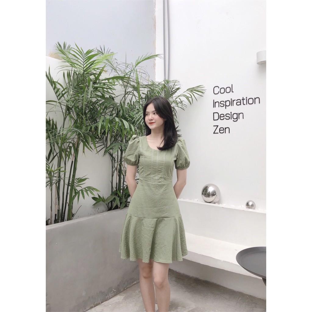 ĐẦM XANH RÊU MAY CHỈ NỔI LILEN 2 LỚP CỔ TRÒN TAY NGẮN PHỒNG PHỐI ĐUÔI CÁ XÒE-hình thật shop chụp