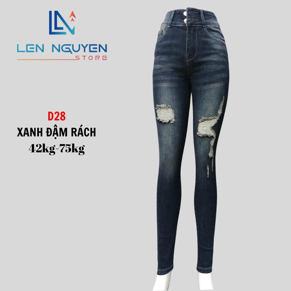 D28_Quần jean nữ, dài, lưng cao, quần bò nữ dáng ôm, quần rin nữ có big size, cho 42kg đến 75kg,LEN NGUYEN STORE - Xanh Trơn