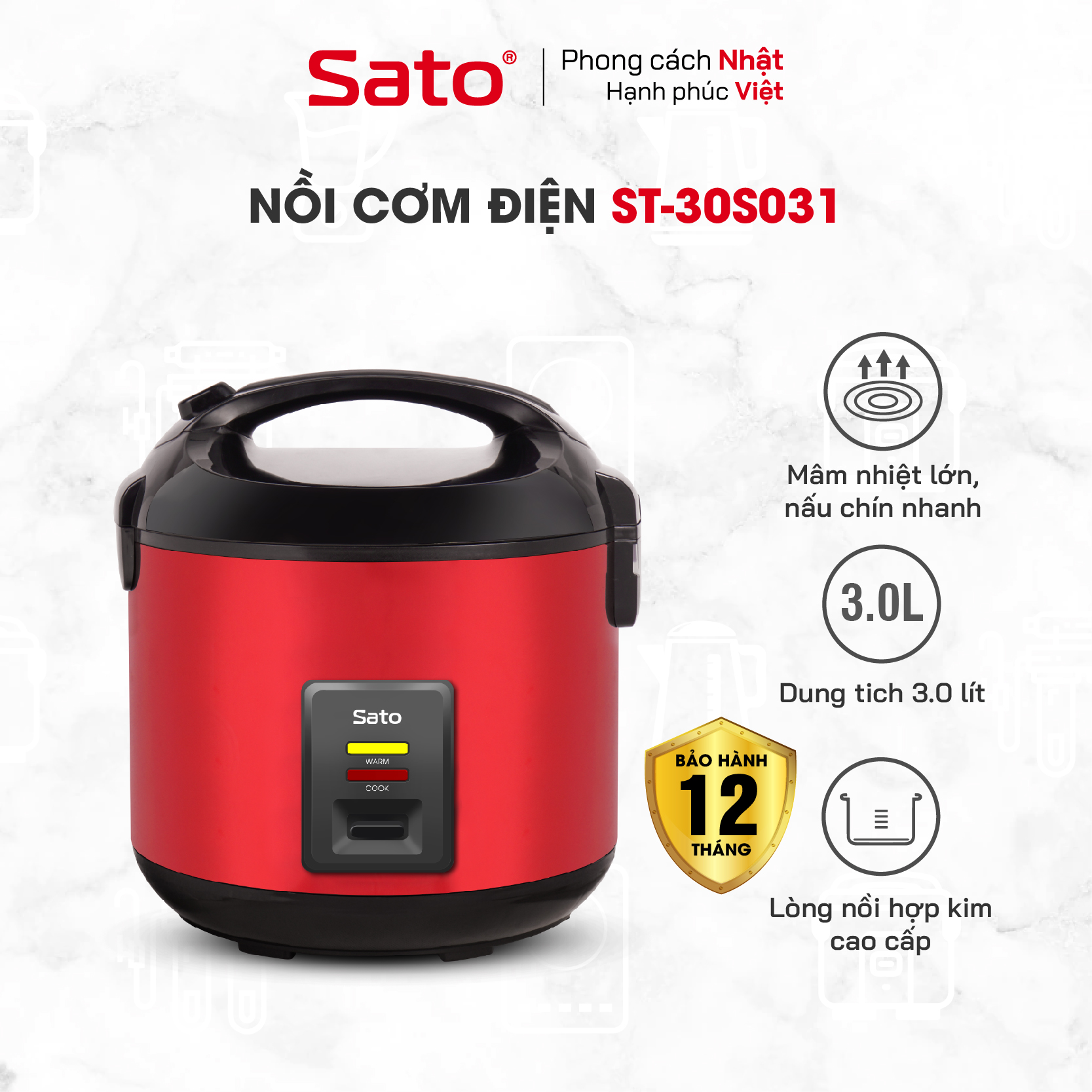 Nồi Cơm Điện SATO 30S031 3.0L - Thiết kế nắp gài chắc chắn, hệ thống chống tràn tốt, nút điều khiển đơn giản, tiện dụng - Miễn phí vận chuyển toàn quốc - Hàng chính hãng