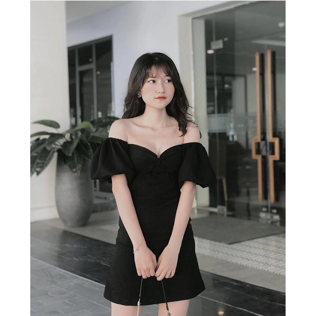 Đầm đen tay bo nơ ngực mặc được 2 kiểu