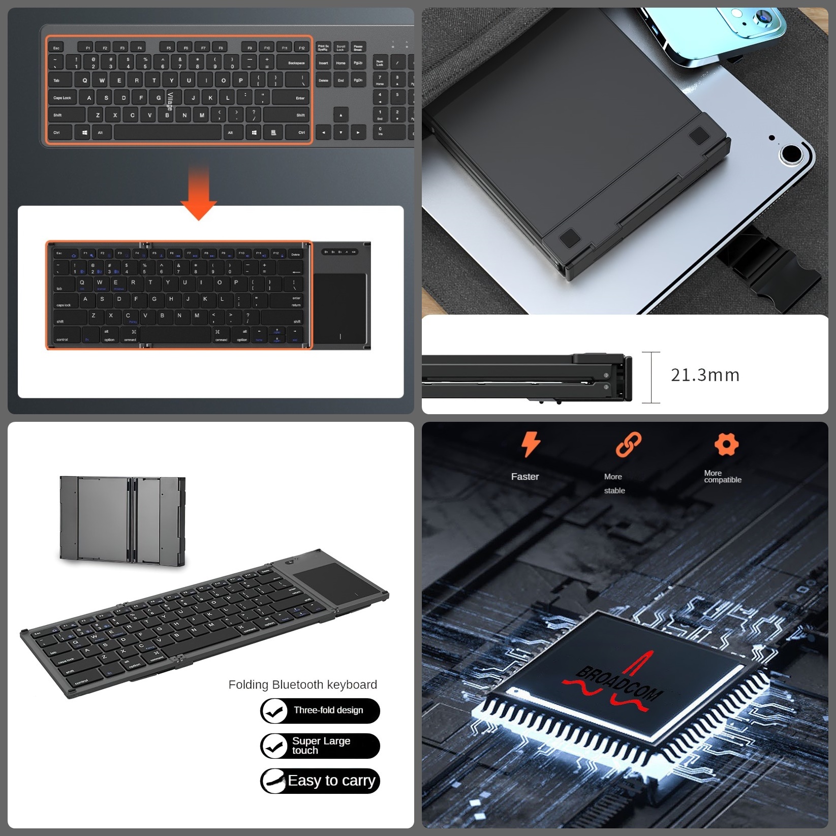 Bàn phím Gấp gọn không dây Bluetooth B66T - Tích hợp Chuột Touchpad - pin sạc TypeC- có hàng phím F1-F12 - Siêu nhẹ