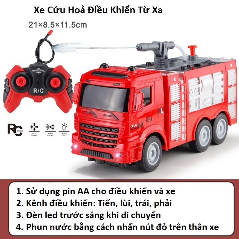 Xe cứu hoả điều khiển từ xa phun nước bằng tay, bộ đồ chơi xe cứu hoả điều khiển có pin sạc dành cho bé
