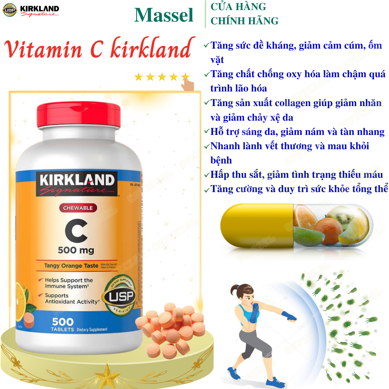 Vitamin C Kirkland Signature Mỹ tăng sức đề kháng, thức đẩy sẩn xuất collagen tự nhiện, sáng da, nhanh lành bệnh - Massel Official