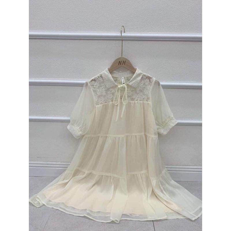 Váy suông cổ buộc nơ phối ren dáng babydoll tầng, đầm xuông rộng freesize tay bo phồng mã v247 - Michi's House