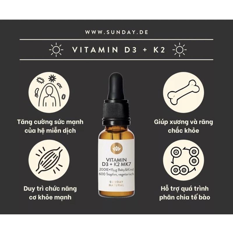 Vitamin D3 K2 Mk7 Sunday Natural, Dùng Cho Trẻ Sơ Sinh, Dung Tích 20ml, Nhập Đức