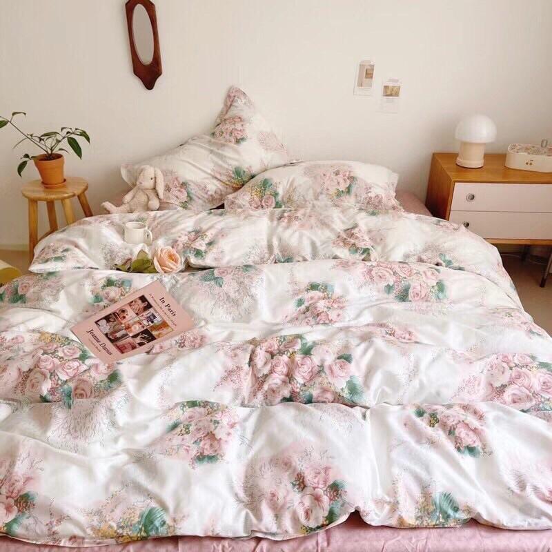 Bộ Chăn Ga Gối Cotton Living 100%cotton Hàng Nhập Khẩu Cao Cấp 4 Món Hoa Hồng Pháp