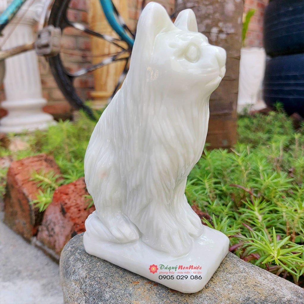 Tượng mèo đá tuổi mão 12 con giáp phong thủy đá trắng xanh 12cm đá Non Nước