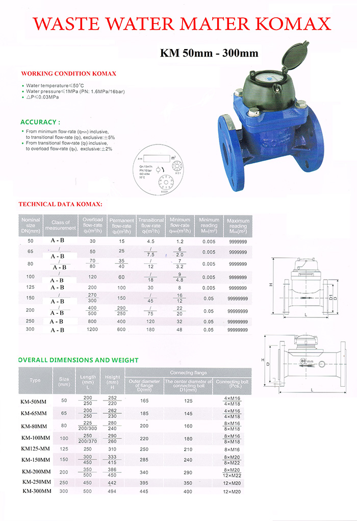 Đồng hồ đo lưu lượng nước thải DN50 Komax kèm theo giấy tem HIỆU CHUẨN đầy đủ, dùng để đo lưu lượng nước thải, nước từ giếng, lắp đặt trong các công ty, xí nghiệp, khu công nghiệp, Công ty cấp thoát nước, thủy lợi tưới tiêu.... - HÀNG CHÍNH HÃNG