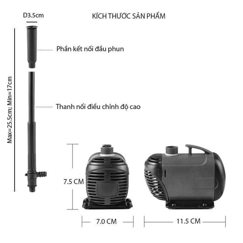 Máy bơm chìm 8W-14W-24W 220V tùy chọn không chổi than có đầu phun hình nấm cho tiểu cảnh, hòn non bộ, bể cảnh