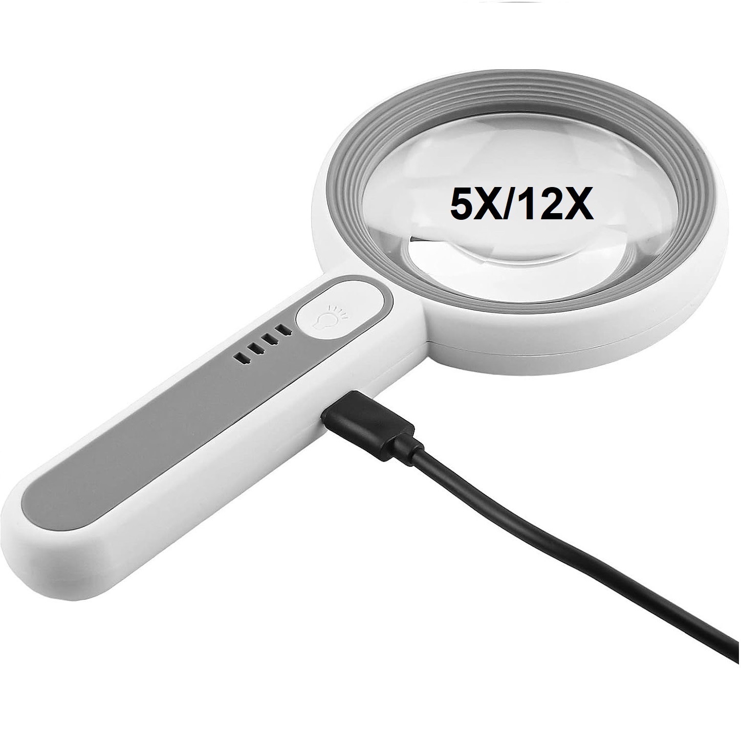 Kính lúp cầm tay đọc sách cao cấp Terino DE-18W (5x/12x, Pin sạc bên trong, màu trắng, có đèn led) - Hàng chính hãng