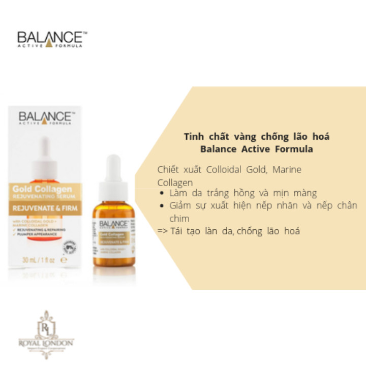 Combo tinh chất Gold Collagen Rejuvenating Balance Active Formula tái tạo trẻ hóa da mặt 30ml và serum mắt gold collagen eye Balance Active Formula làm sáng và căng vùng da mắt 15ml, hàng chính hãng