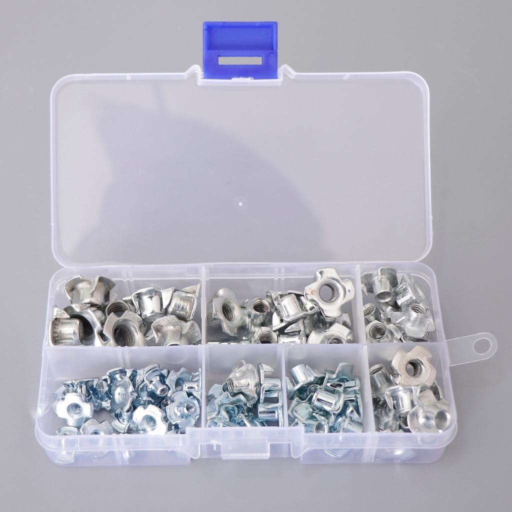80Pcs M3/M4/M5/M6/M8 Zinc Plated Four Prong Furniture T Nuts Blind Nut Wood