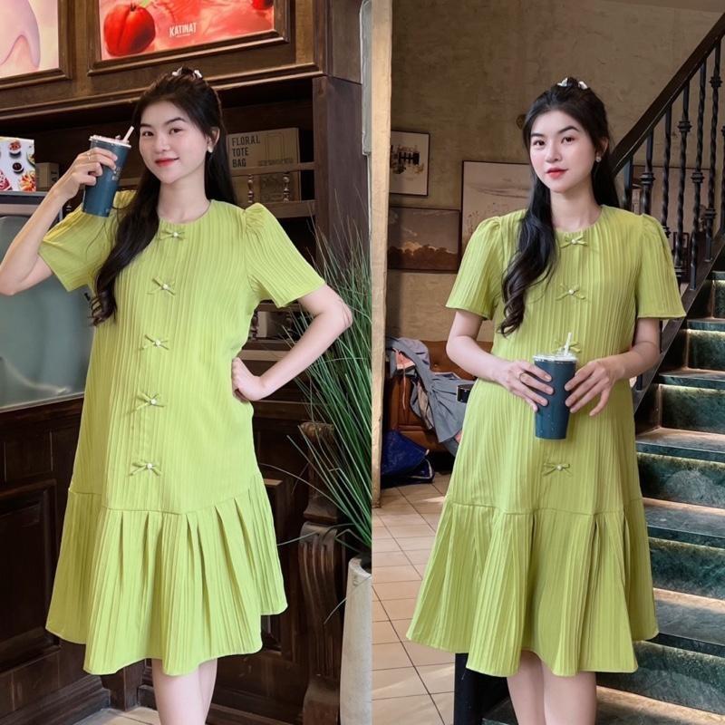 Đầm Bầu Đuôi Cá Xếp Ly Đính Nơ Ngọc Vải Xốp Hàn Xinh Xắn, Trẻ Trung - Xanh Bơ