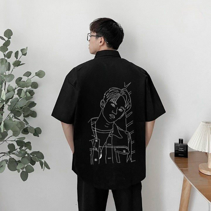 Áo sơ mi nam tay lỡ form rộng Oversized thêu hình chàng trai cực hot, Áo sơ mi nữ form rộng tay ngắn thêu họa tiết cực hot - dáng rộng thời trang Unisex