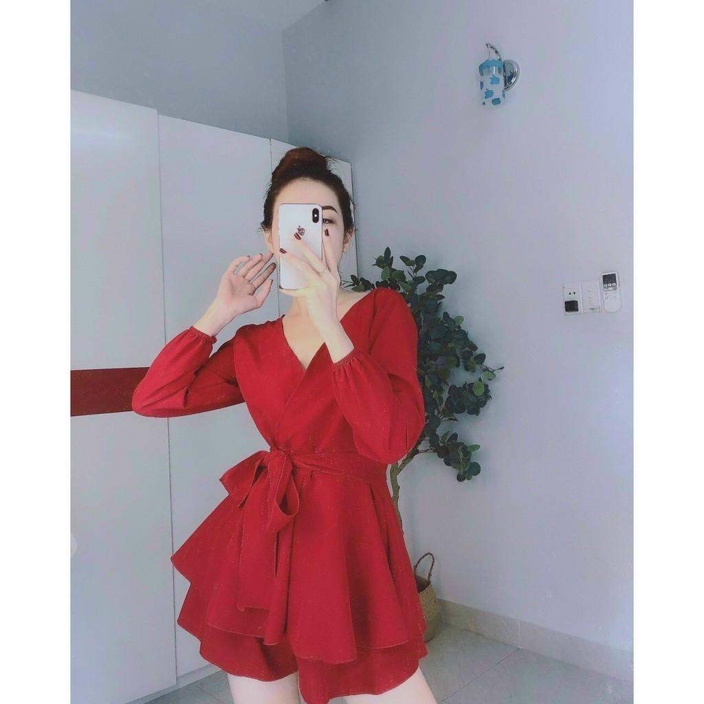 Đầm xòe tay dài, cổ đắp chéo cột nơ eo phong cách tiểu thư sang chảnh
