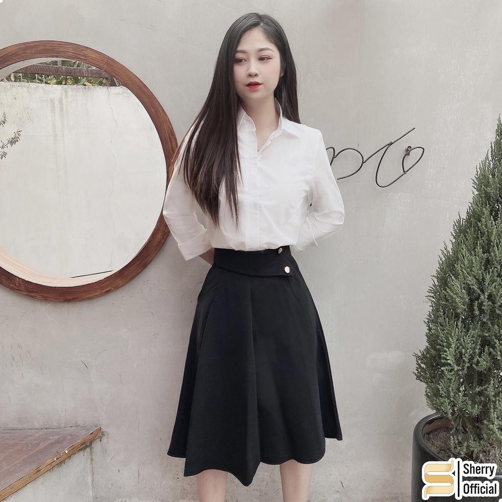 Chân váy dài qua gối phối 2 khuy