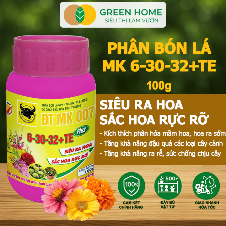 Phân Bón Lá Đầu Trâu 6-30-32 GreenHome, HŨ 100gr, MK 007, Siêu Ra Hoa Màu Rực Rỡ Chuyên Hoa Lan Hồng