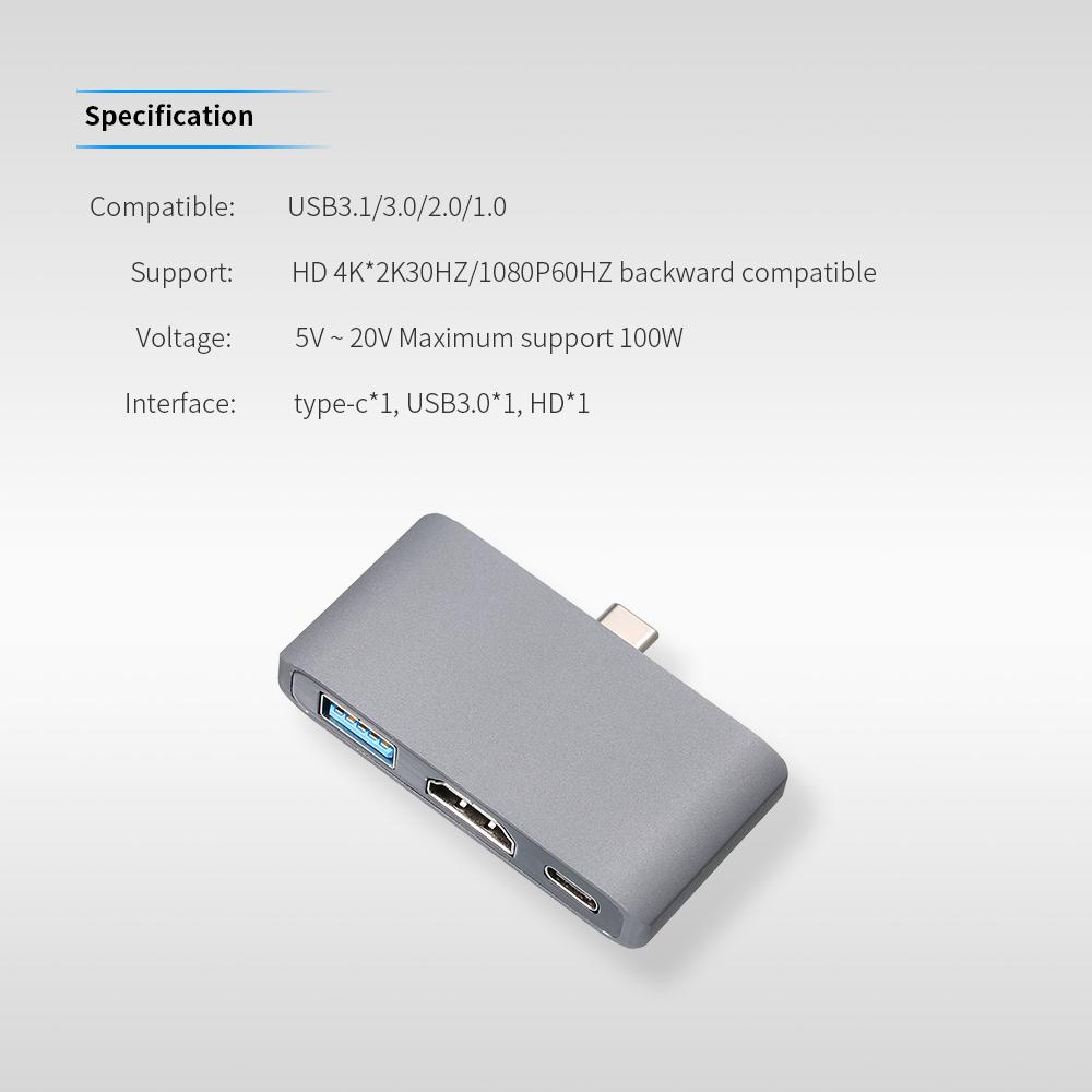 Bộ chuyển đổi đa cổng Type-C sang HD / USB 3.1 Bộ chuyển đổi Hub 3 trong 1 Truyền dữ liệu nhanh 4K UHD cho máy chiếu Điện thoại trình điều khiển USB