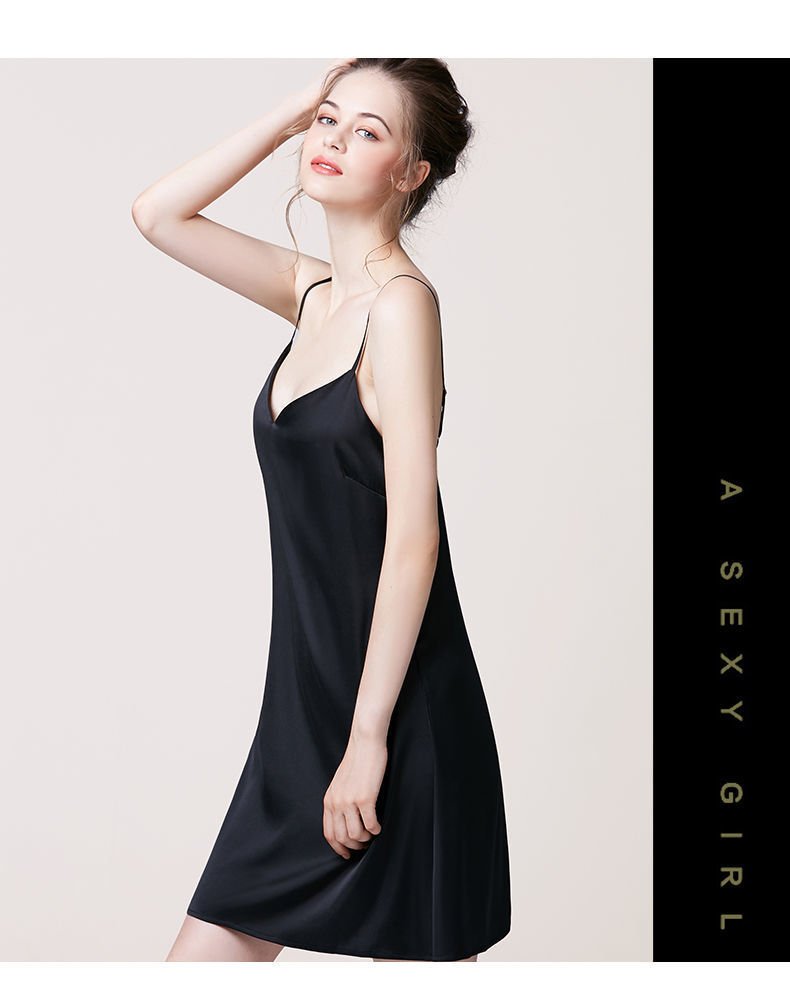 Váy ngủ nữ, váy lụa 2 dây VILADY - V129 dáng suông màu ĐEN huyền bí, chất liệu lụa Pháp cao cấp