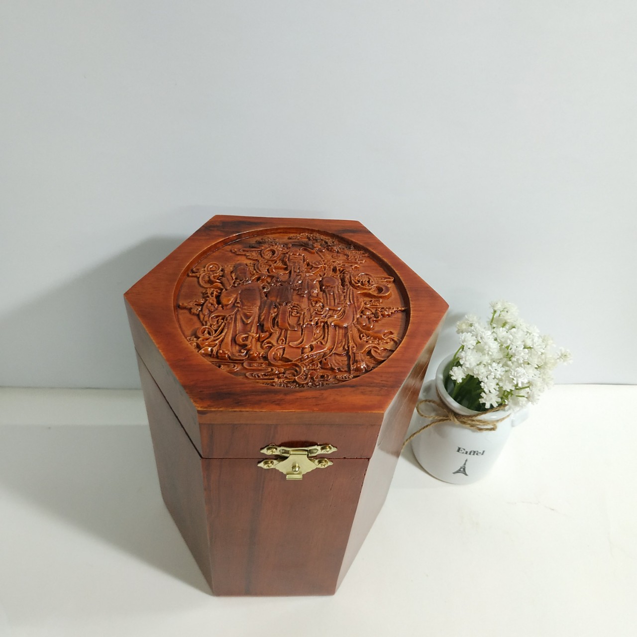 Hộp đựng chè - hộp đựng trà gỗ hương chạm 3 ông tam đa - loại to cao