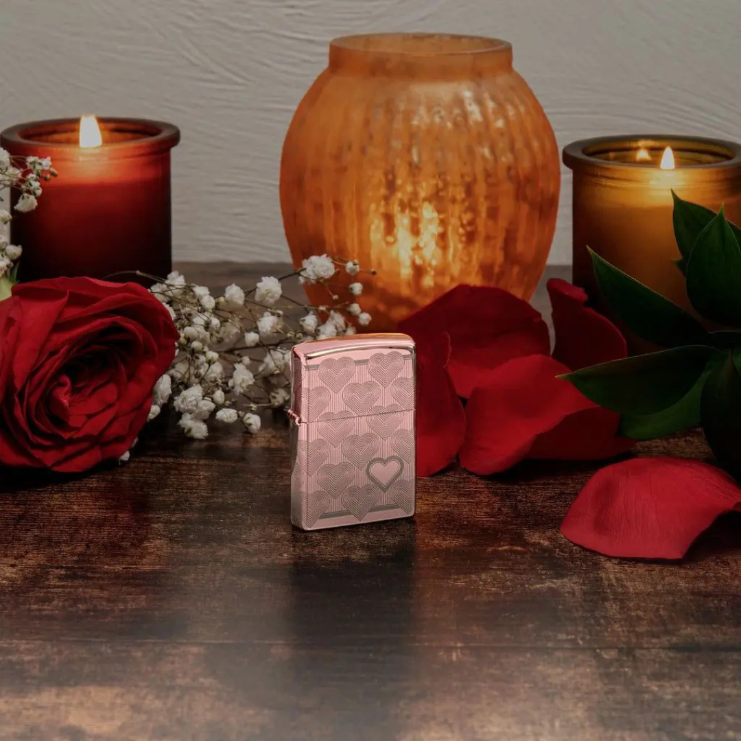 Bật Lửa Zippo Heart Design High Polish Rose Gold - Vỏ Mạ Vàng Hồng Khắc Laser 360 Độ Hình Trái Tim
