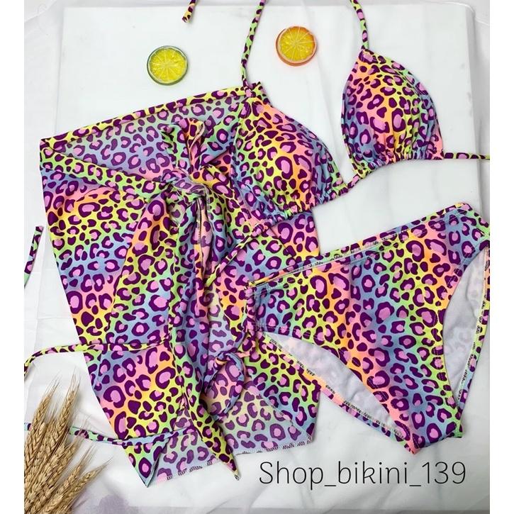 Bikini set 3 món đồ bơi nữ đi biển soạn tiết dạ beo 7 màu siêu sang chảnh