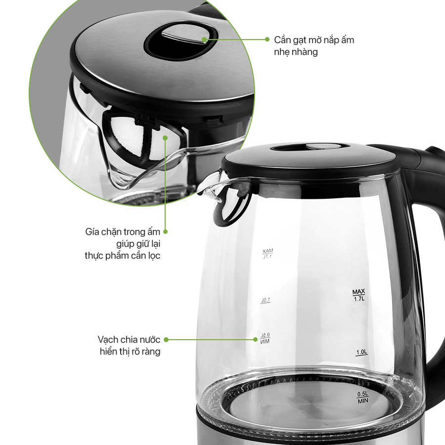 Ấm Đun Siêu Tốc Thủy Tinh Elmich Smartcook ICS-3859 1,7L 1850W, Hàng Chính Hãng, Tự Ngắt - Joymall