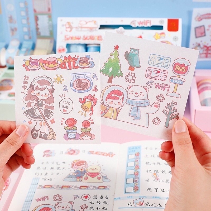 Set 6 tờ Washi Tape 7*10 cm kèm 1 Dao 30 độ / Băng keo trang trí sổ - Sticker dán mũ bảo hiểm