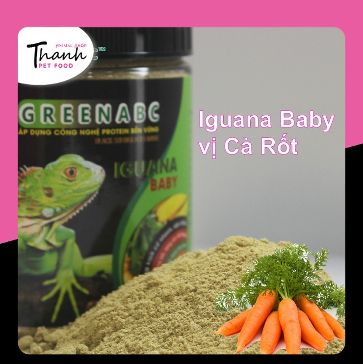 Thức ăn bò sát Iguana Baby nhãn GREENABC vị cà rốt dùng cho Iguana từ mới nở cho đến 9x – Tăng trưởng nhanh, lên màu đẹp, phòng chống MBD, teo đuôi – Hộp 230g