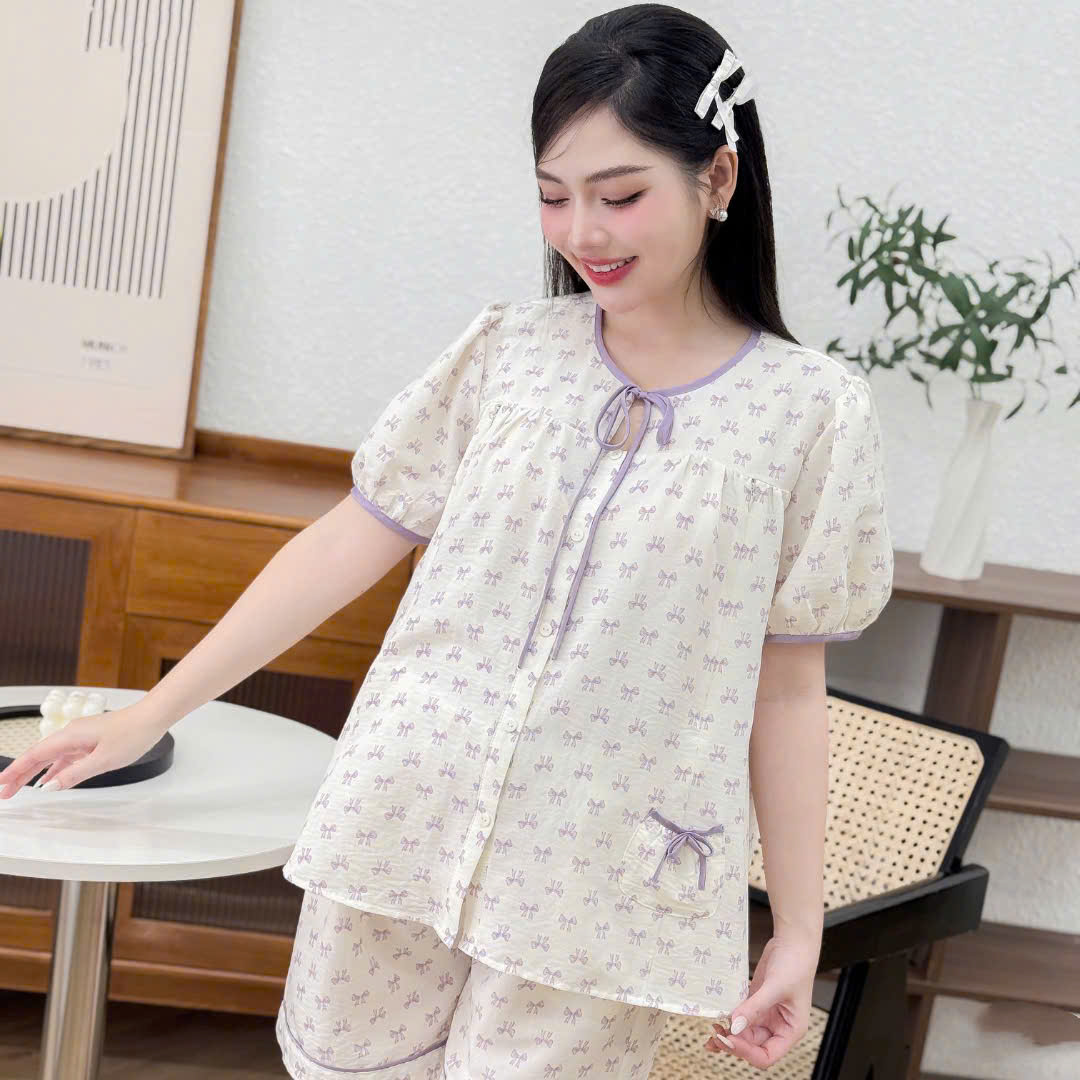Bộ Sooc Đũi Nơ Tím Cho Mẹ Bầu. Chất đũi siêu nhẹ, mềm, thấm hút mồ hôi