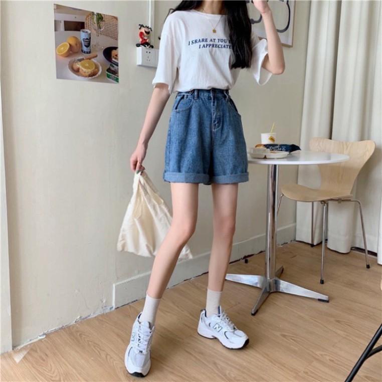 Quần short Cotton Ống Rộng, Quần Short Jean Lưng Cao, Không Giãn, Quần Suông Lửng Xanh Đậm Basic