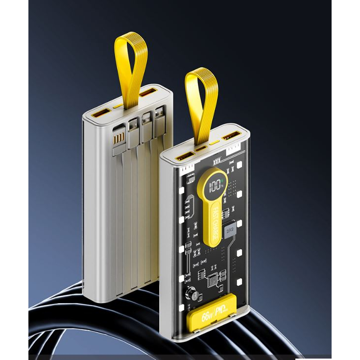 Pin Sạc Dự Phòng trong suốt 20000mAh - 66W - sạc siêu nhanh, tích hợp 4 cáp, 2 cổng usb, sạc cùng lúc nhiều điện thoại - Hàng chính hãng