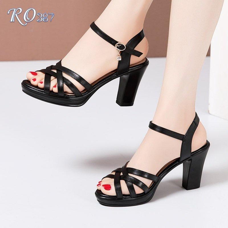 Sandal nữ quai mảnh chéo, da lì cao cấp ROSATA RO387 cao 8p - Đen - HÀNG VIỆT NAM - BKSTORE