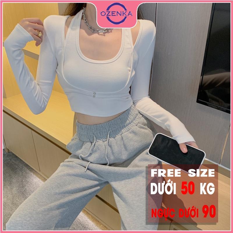 Áo thun croptop tay dài ôm body nữ , crt len tăm cotton đẹp màu đen trắng free size dưới 50kg