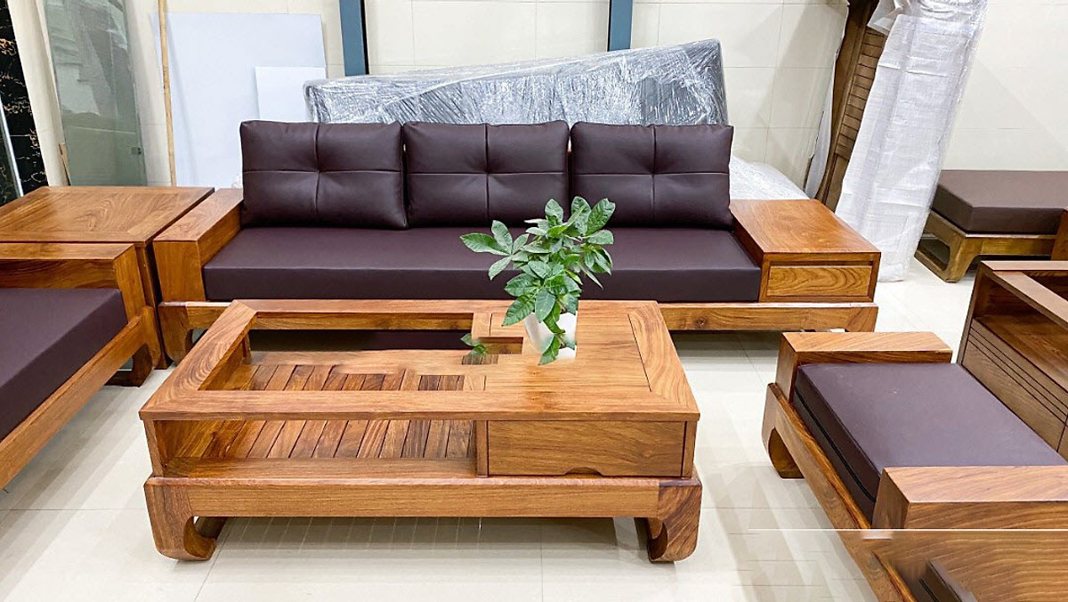 Bộ sofa gỗ hương có nệm sai lớn mẫu 2 văng