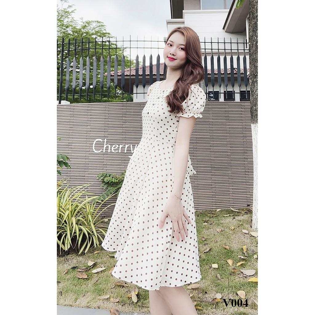 Đầm công sở chấm bi dáng đầm xòe có hai dây thắt eo tôn dáng, váy công sở ôm eo tôn body siêu đẹp - Cherry V004