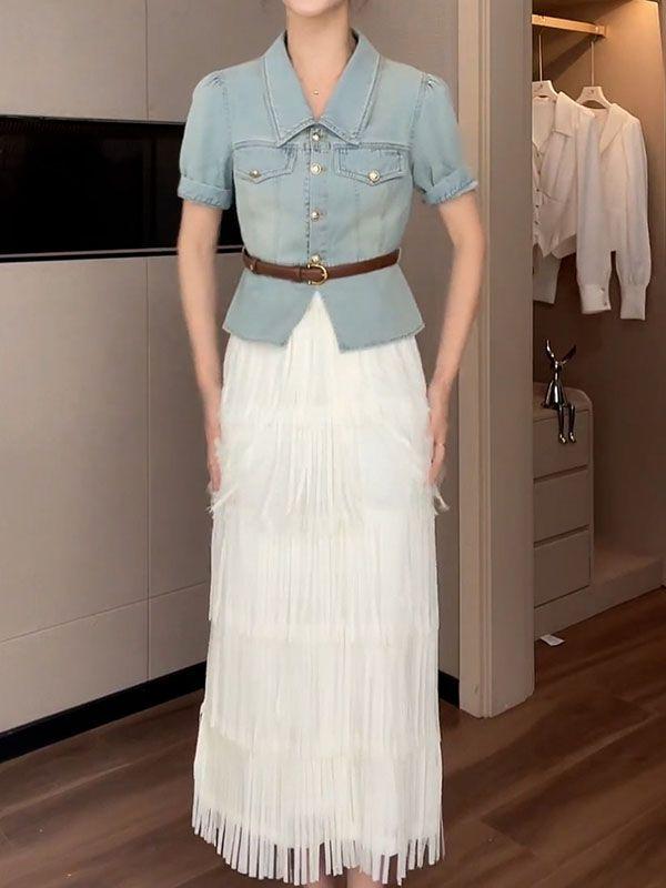 SHUANGYAN Trang phục giảm tuổi thanh lịch 2023 Áo denim ngắn mùa hè+váy nửa người màu