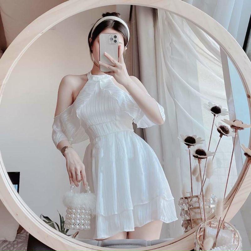 Đầm xòe trắng cổ yếm rớt vai dự tiệc, Váy đầm rẻ giá đẹp