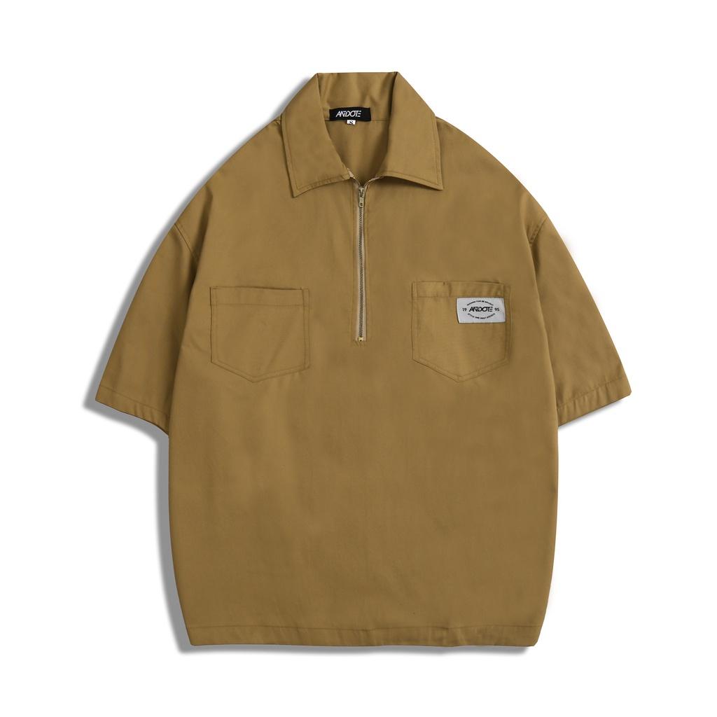 Áo sơ mi tay ngắn nam nữ unisex form rộng cổ áo có dây kéo