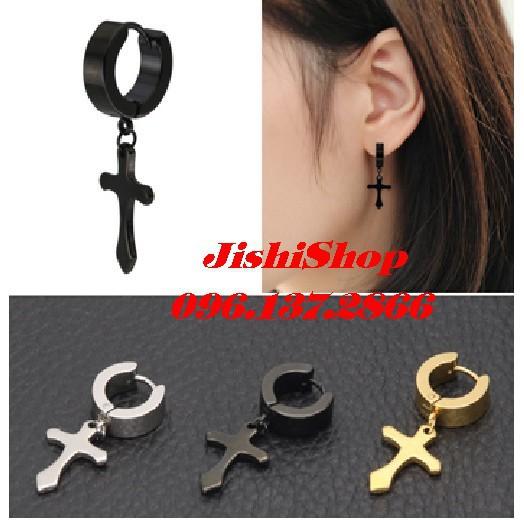 Khuyên tai thánh giá màu đen bấm lỗ nam - nữ | squishyhaihuoc