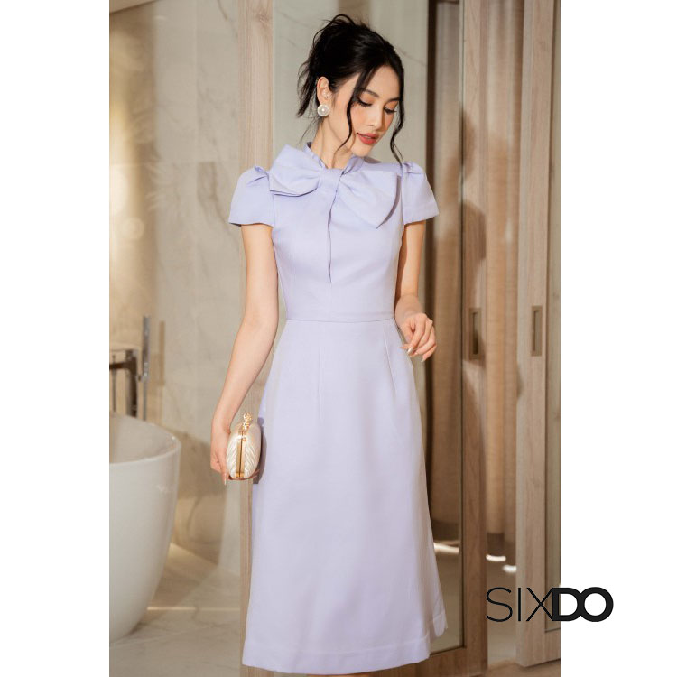 Đầm midi ngắn tay phối nơ cổ liền thời trang SIXDO
