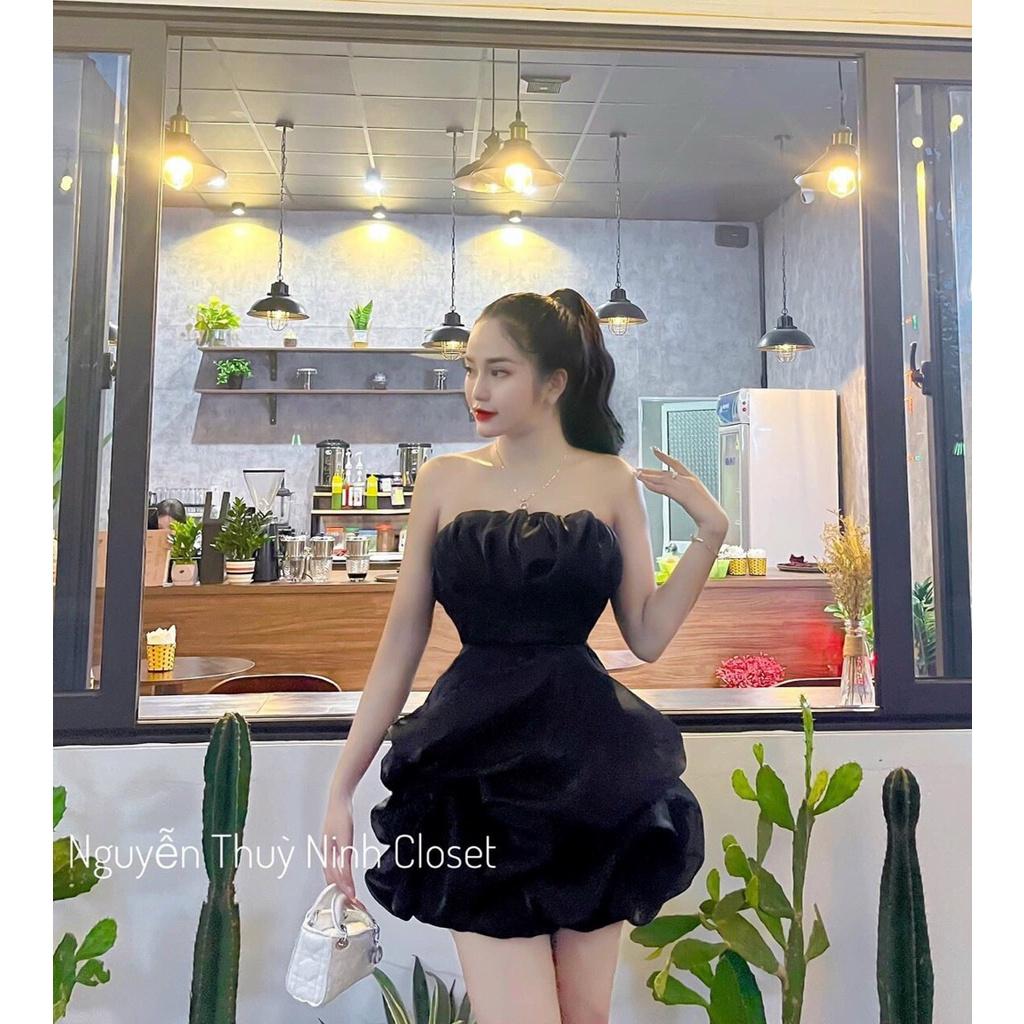 Đầm đen ống phồng xòe bo eo cúp ngực dự tiệc cưới