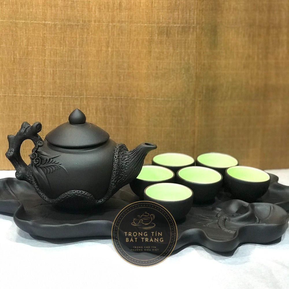 Bộ Ấm Chén Trà Đạo Gốm Tử Sa Bát Tràng Đắp Nổi Hoa Lan Dáng Thủy Bình Dung Tích 400ml ATSML 017
