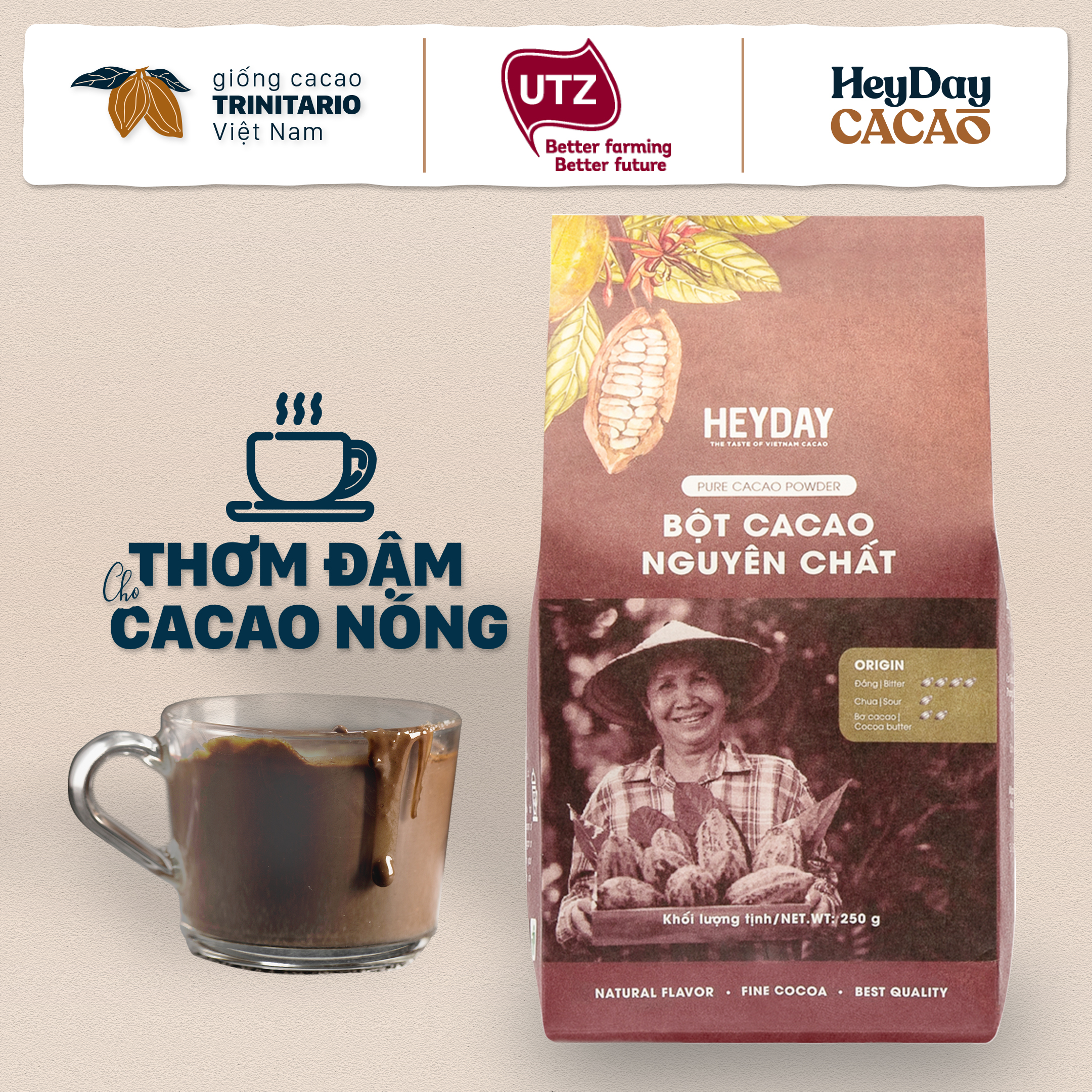 Heyday Bột Cacao Nguyên Chất Không Đường Việt Nam - Dòng Origin - Chứng Nhận UTZ - Hỗ Trợ Giảm Cân - Túi Giấy 250g