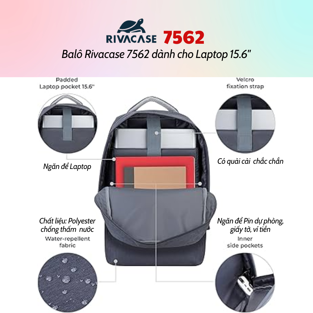 Balô Rivacase 7562 Để Vừa Laptop 15.6&quot; - Bảo Hành 24 Tháng - Hàng Chính Hãng